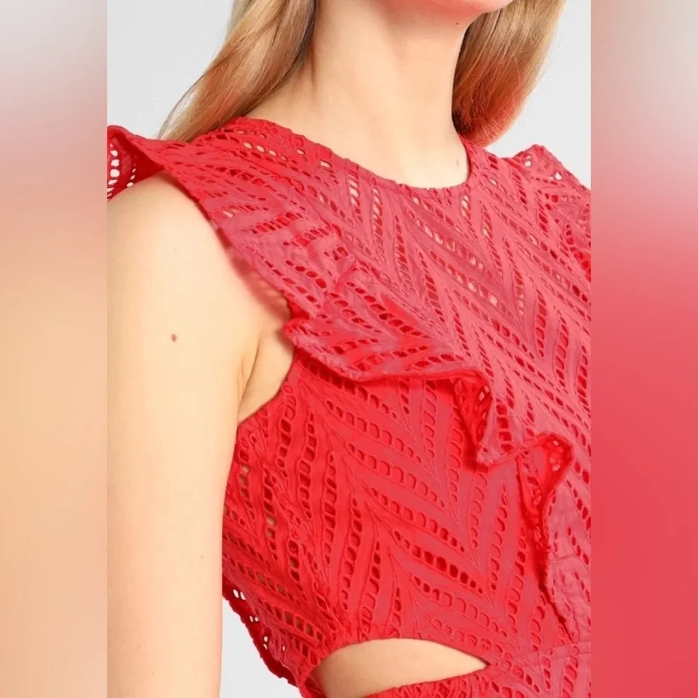 Bardot Kira Red Eyelet Ruffle Dress Size 10/L - Picture 6 of 14
